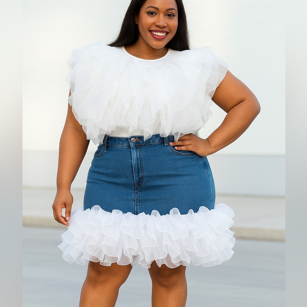 PLUS SIZE RUFFLE TULLE CROP TOP BLOUSE  WHITE - Picture 3 of 8